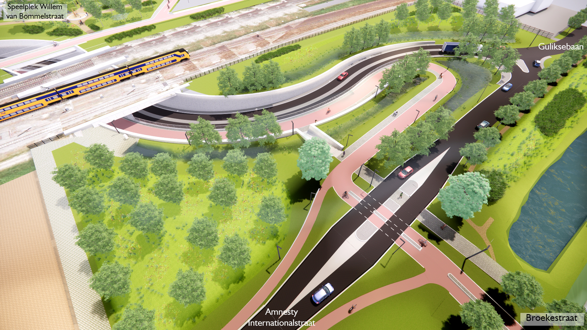 3D-visualisatie waarop u kan zien hoe de trap vanuit de onderdoorgang naar de Guliksebaan mogelijk gaat lopen.