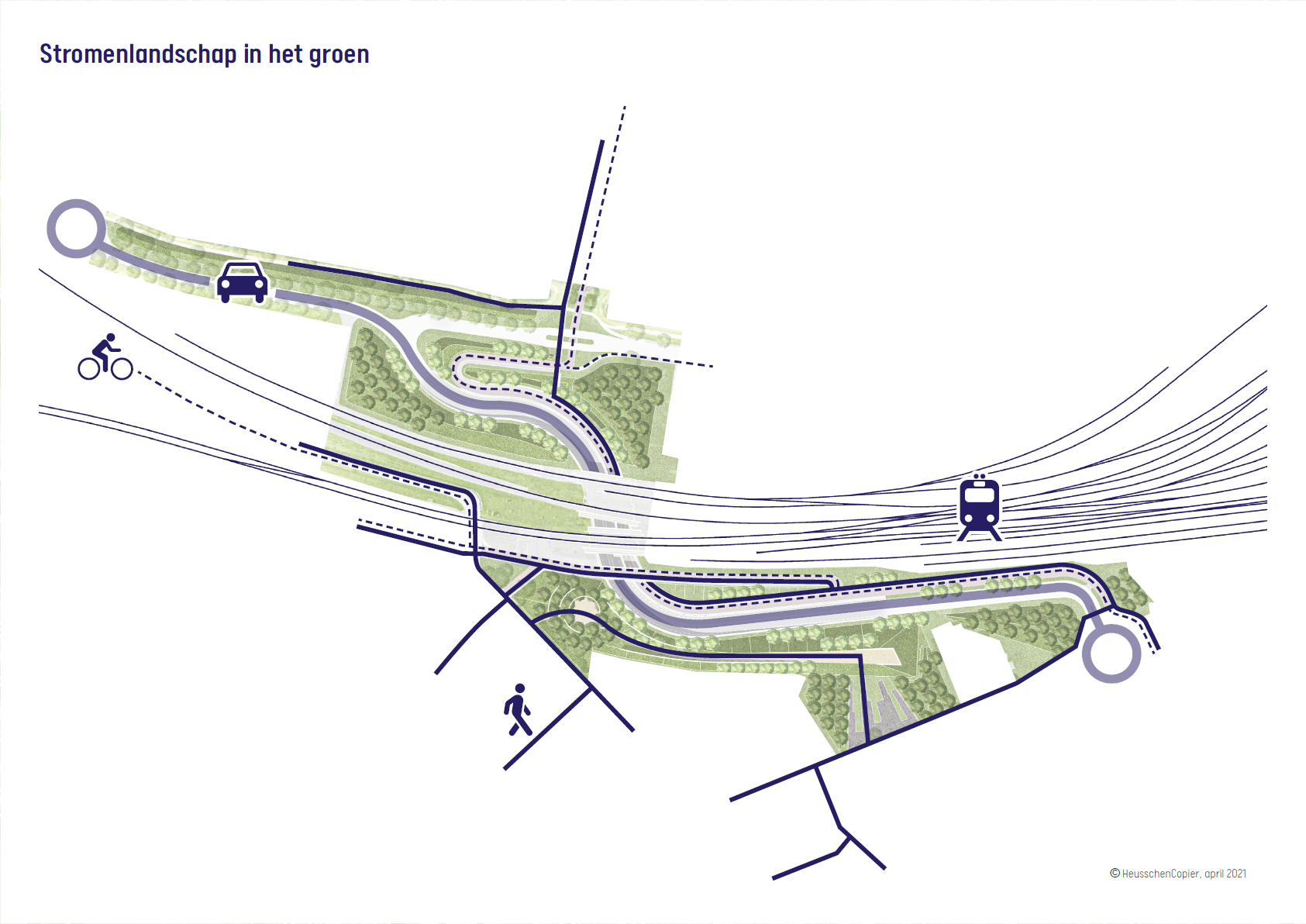 Op deze tekening wordt aangegeven hoe de wegen, fiets- en voetpaden en het spoor bijdragen aan het uitbeelden van een stroomlandschap verpakt in groen.