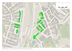 In het groen zijn de woningen aangeduid die het aanbod van vervangend verblijf ontvangen van aannemer Mobilis.